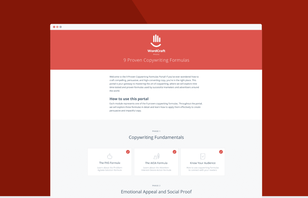 A portal for copywriting formulas
